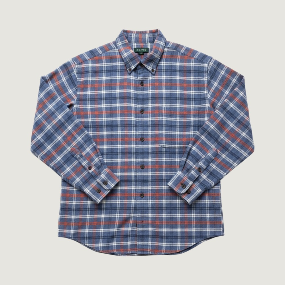 Orvis Mens Blue Orange Plaid Flannel Button Down Shirt Long Sleeve Large